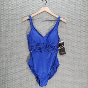 NWT! Magic Suit One Piece Swim Suit Cobalt Blue Beaded Waist V-Neck-Sz 12